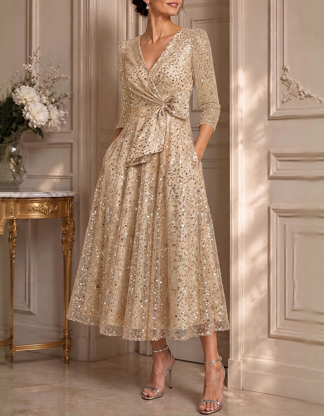 Vestido de noite midi evasé em tule com lantejoulas, decote em V e mangas 3/4