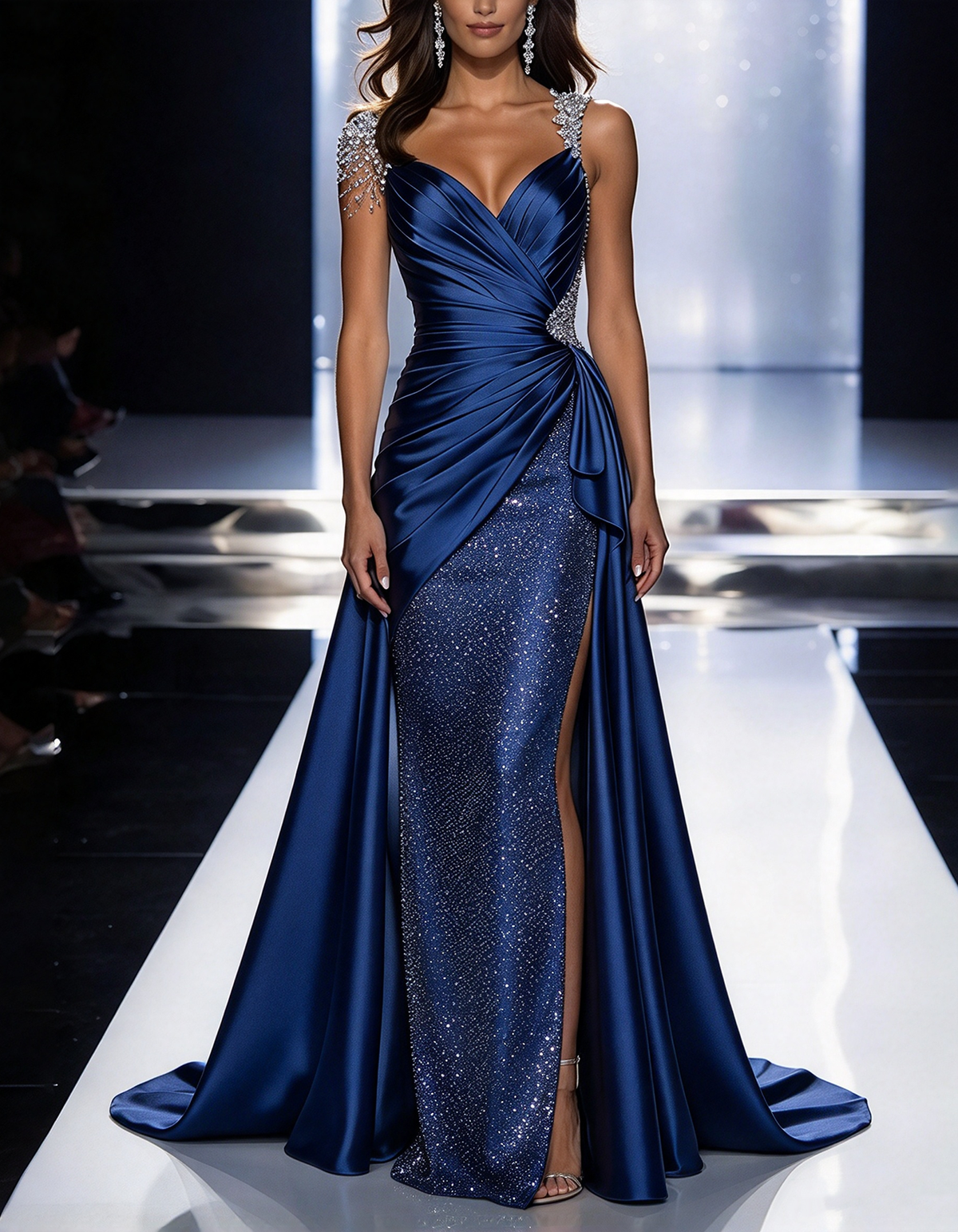 Vestido largo sirena metálico de satén drapeado con escote en V profundo en gris plateado