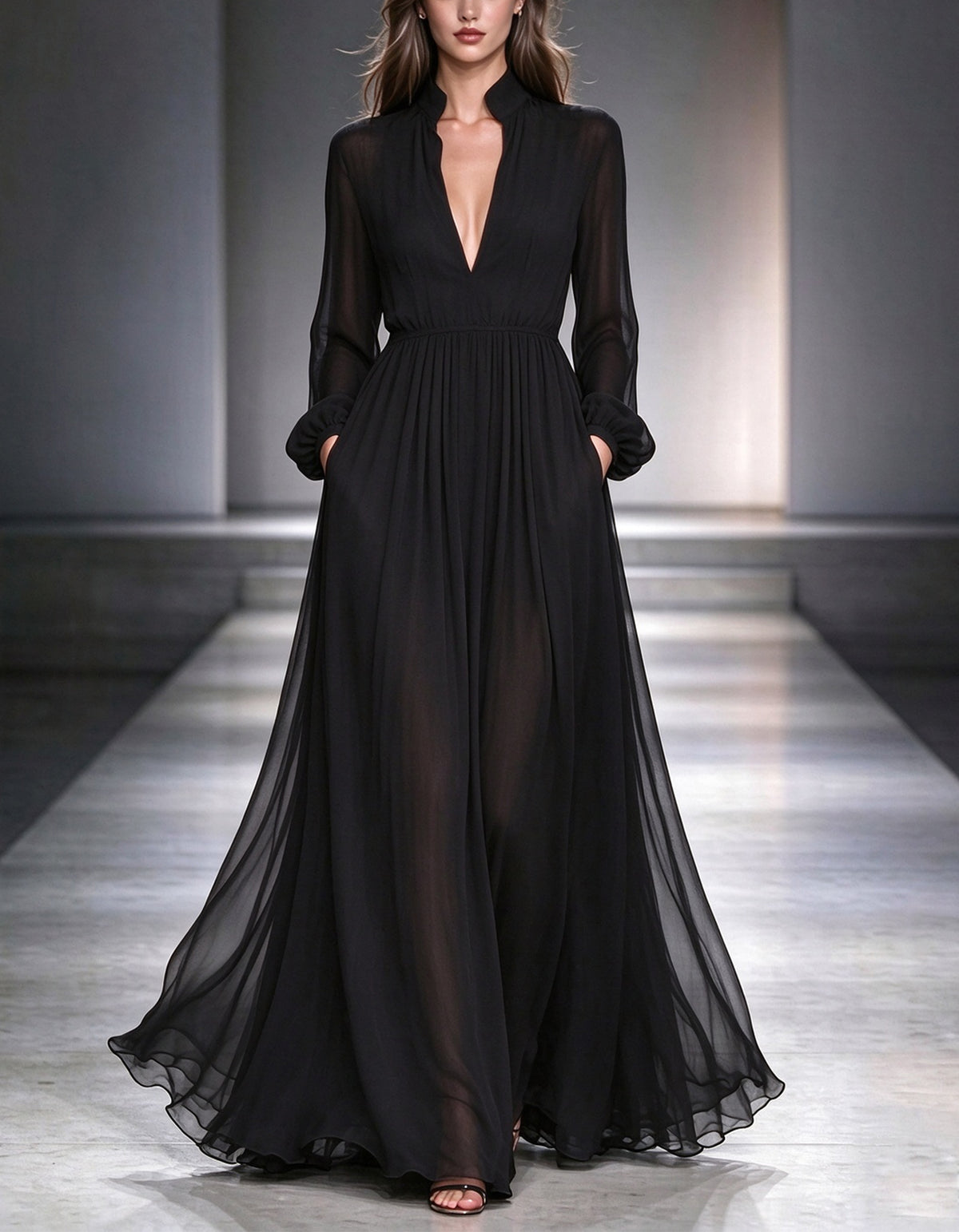 Black Chiffon Long Sleeve With A Stand Collar Maxi Dress
