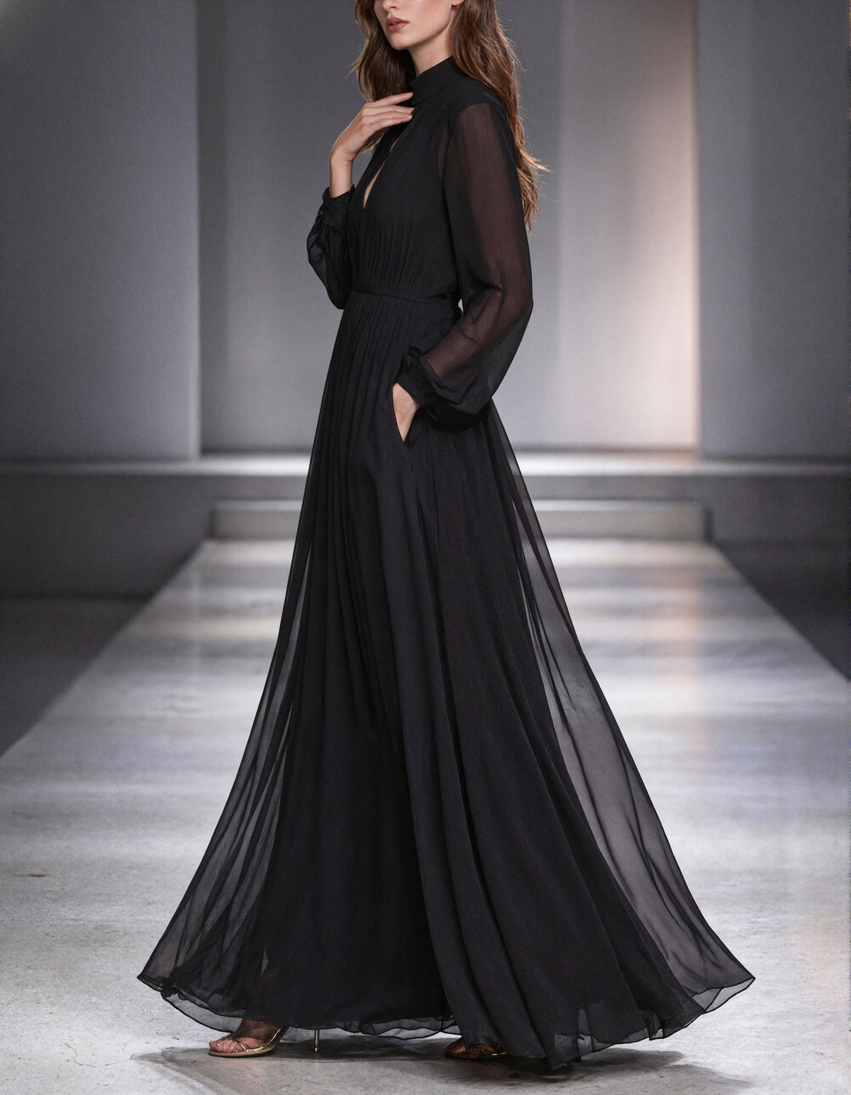 Black Chiffon Long Sleeve With A Stand Collar Maxi Dress