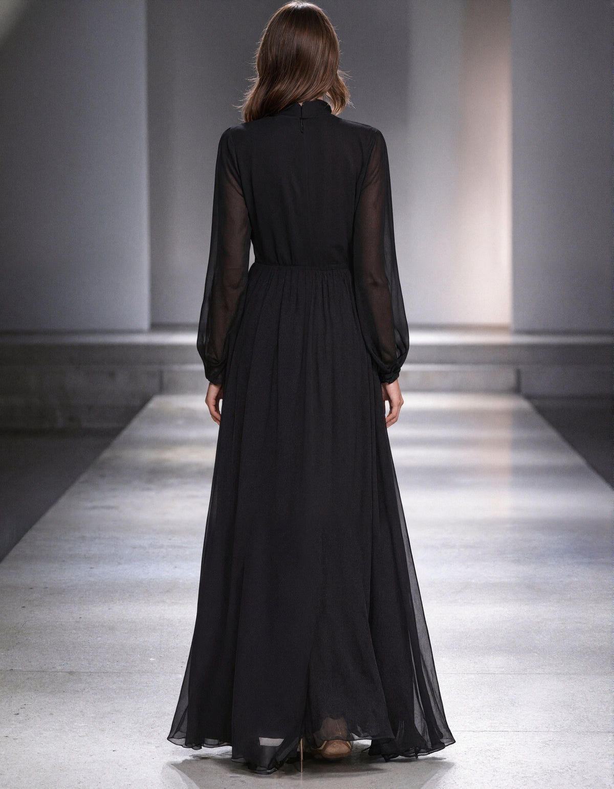 Black Chiffon Long Sleeve With A Stand Collar Maxi Dress