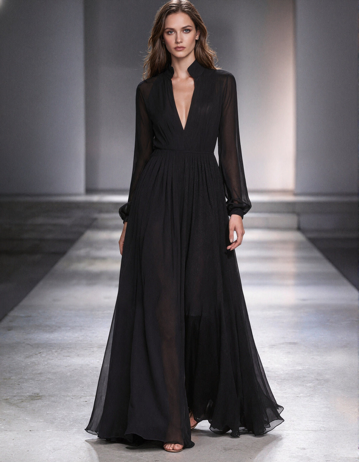Black Chiffon Long Sleeve With A Stand Collar Maxi Dress