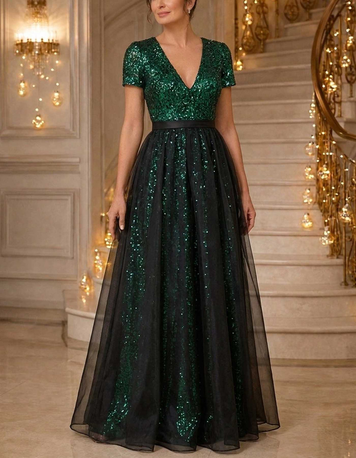 V-Neck Short Sleeve Full Sequin Black Tulle Maxi Dress