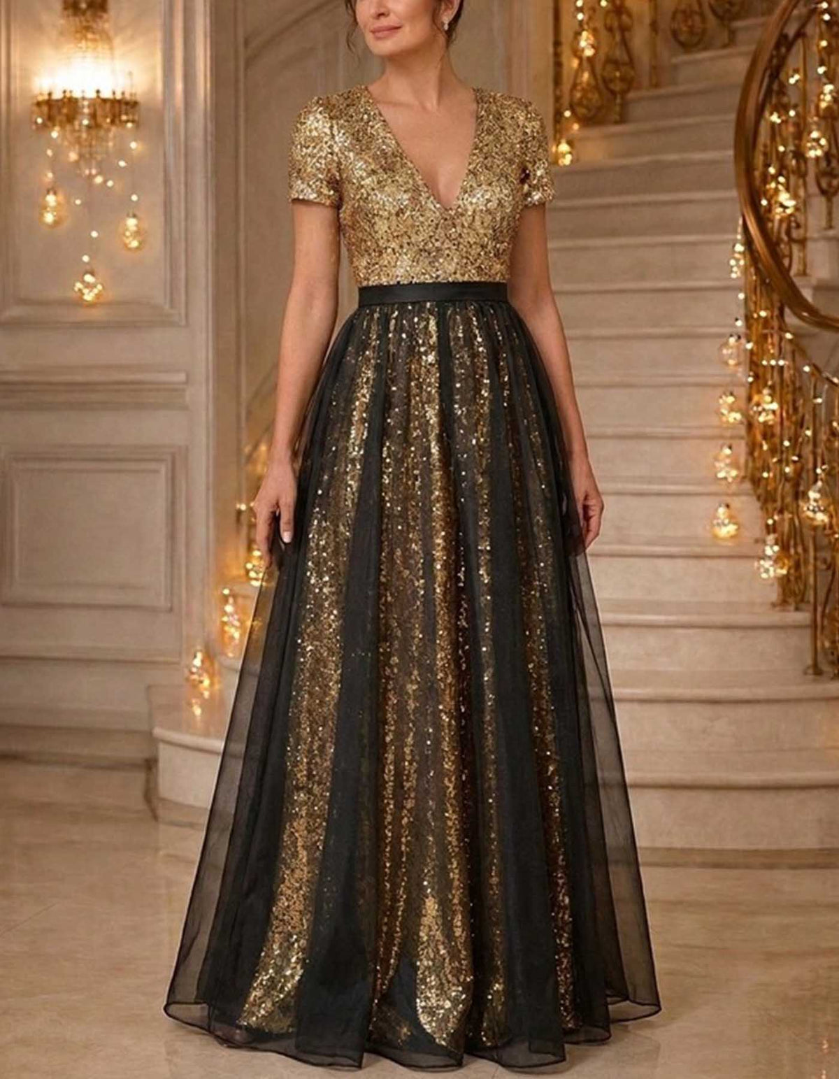 V-Neck Short Sleeve Full Sequin Black Tulle Maxi Dress