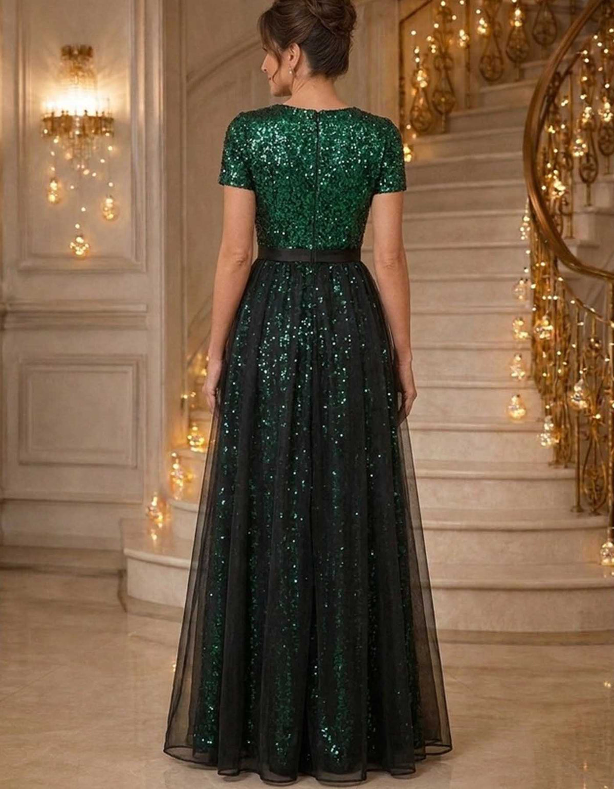 V-Neck Short Sleeve Full Sequin Black Tulle Maxi Dress