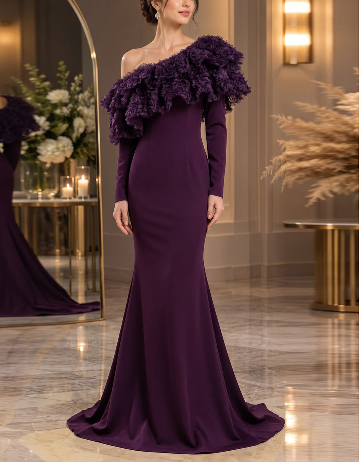 Vestido largo de corte sirena, de color morado intenso y con un solo hombro