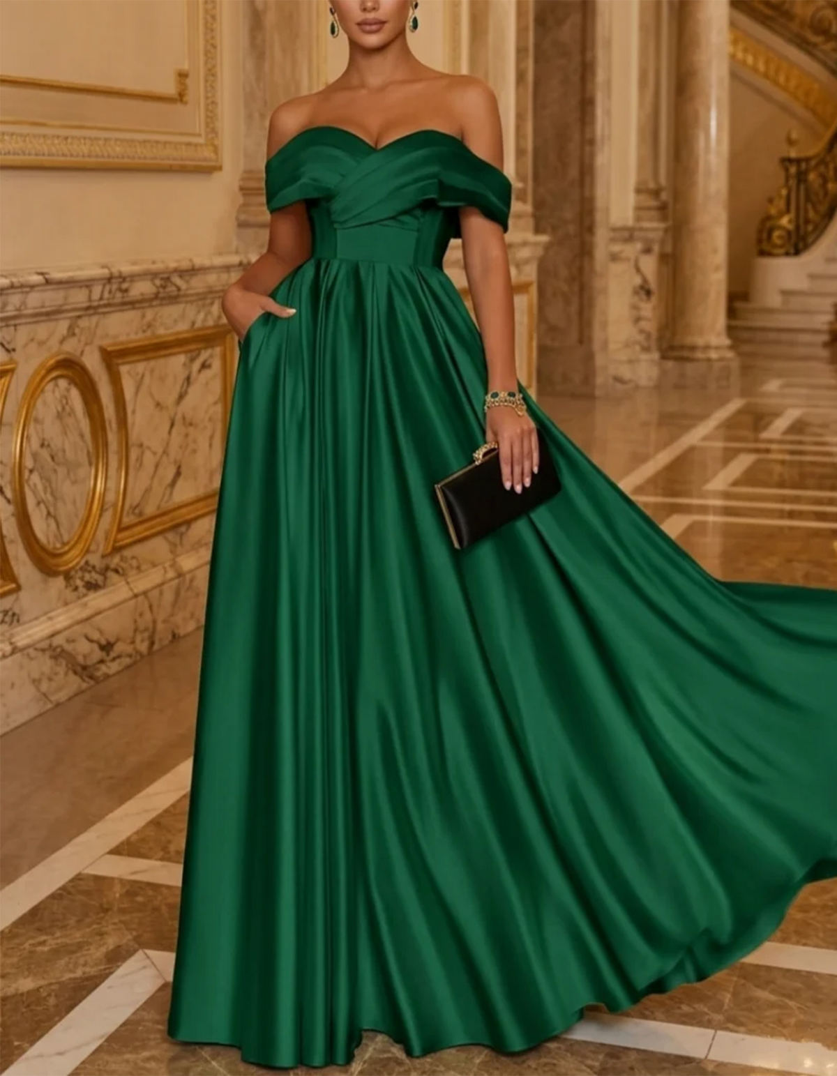 Vestido largo verde de satén con corte en A y hombros descubiertos