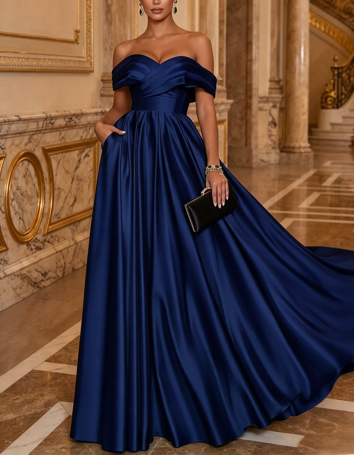 Vestido largo verde de satén con corte en A y hombros descubiertos