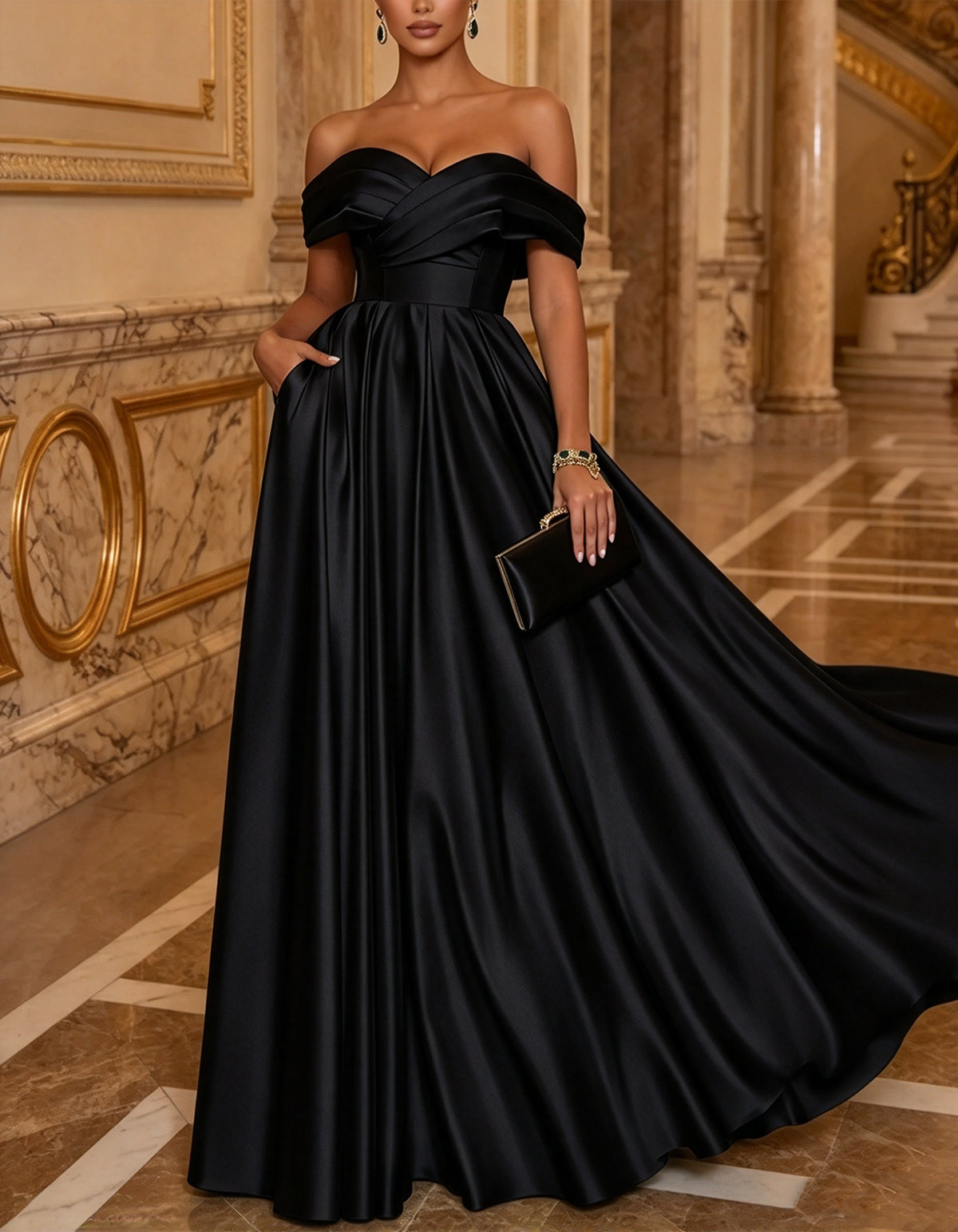 Vestido largo verde de satén con corte en A y hombros descubiertos