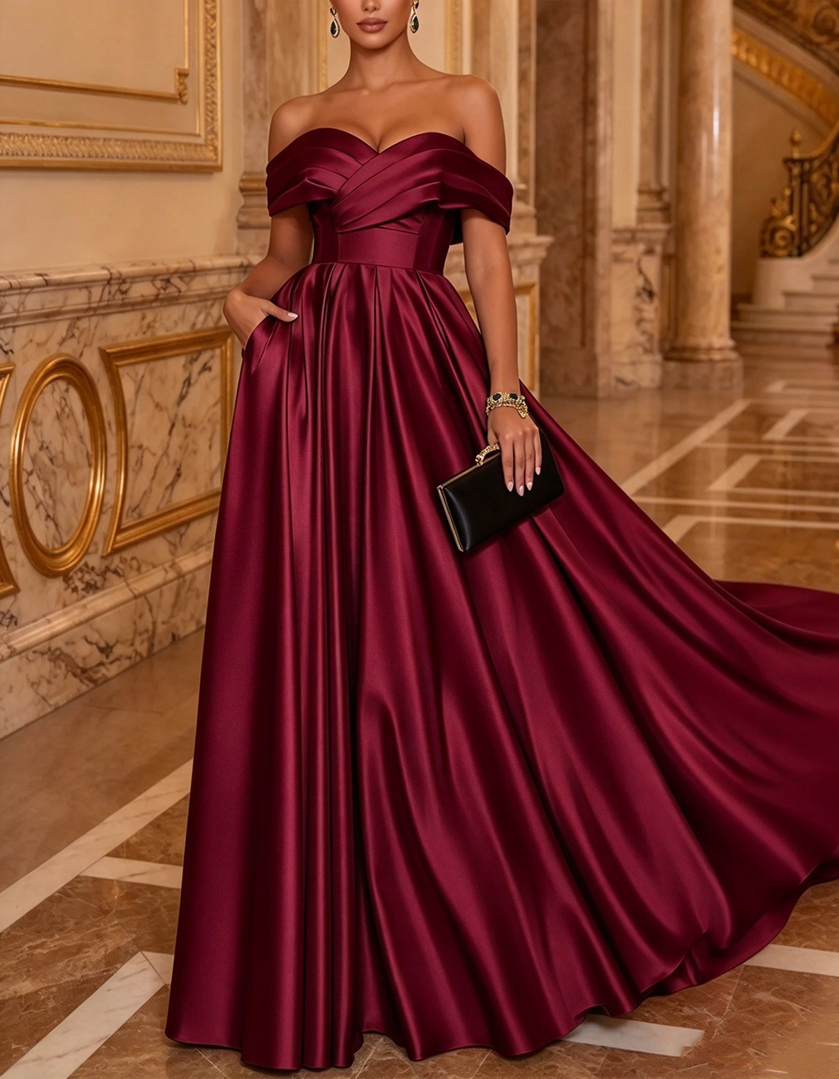 Vestido largo verde de satén con corte en A y hombros descubiertos