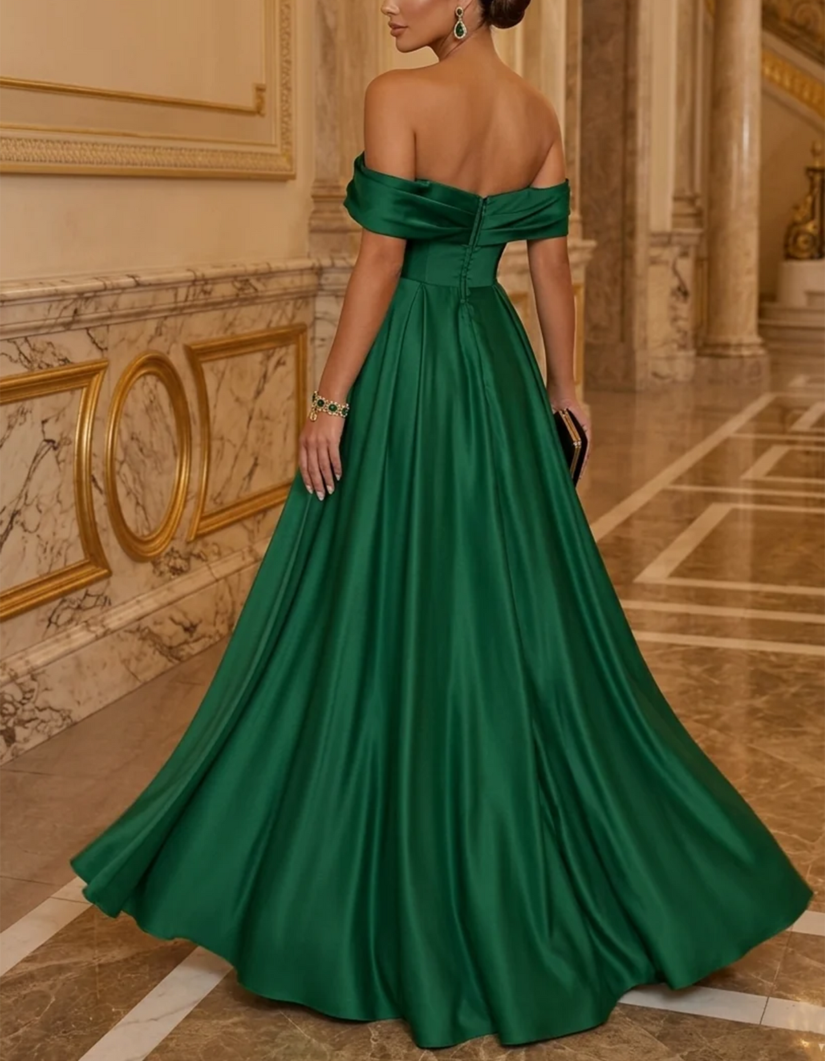 Vestido largo verde de satén con corte en A y hombros descubiertos