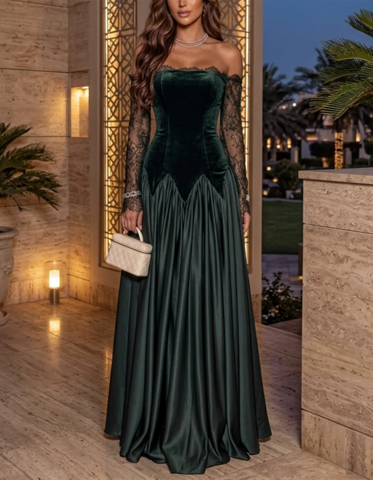 Vestido largo verde de terciopelo y satén con encaje y hombros descubiertos