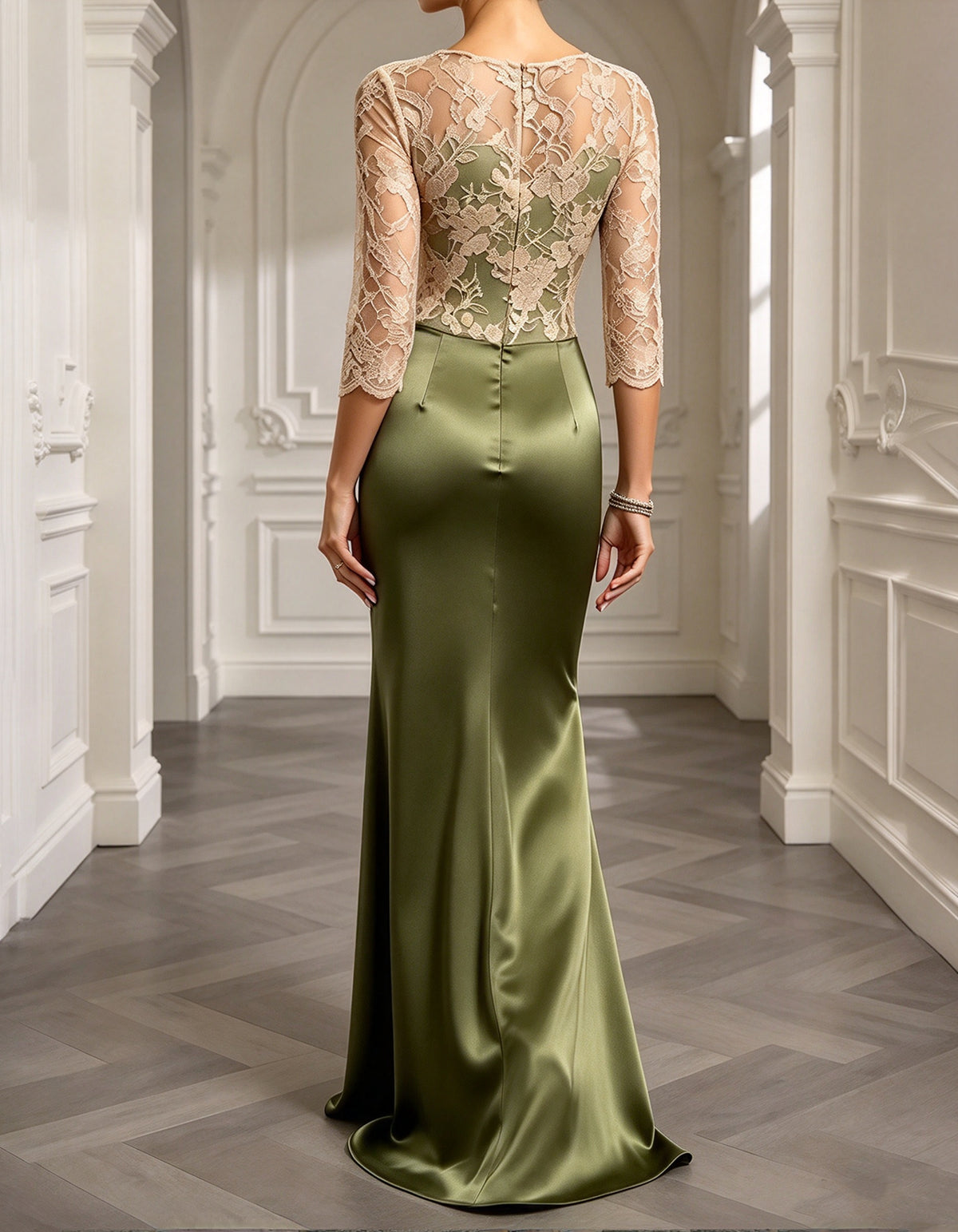 Vestido largo verde oliva de encaje y satén con escote en V