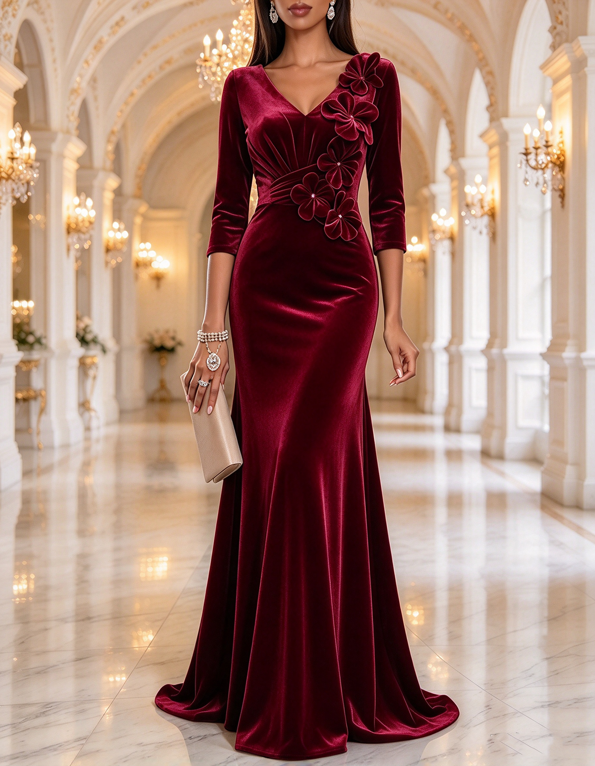 Vestido largo de terciopelo verde con escote en V y corte sirena