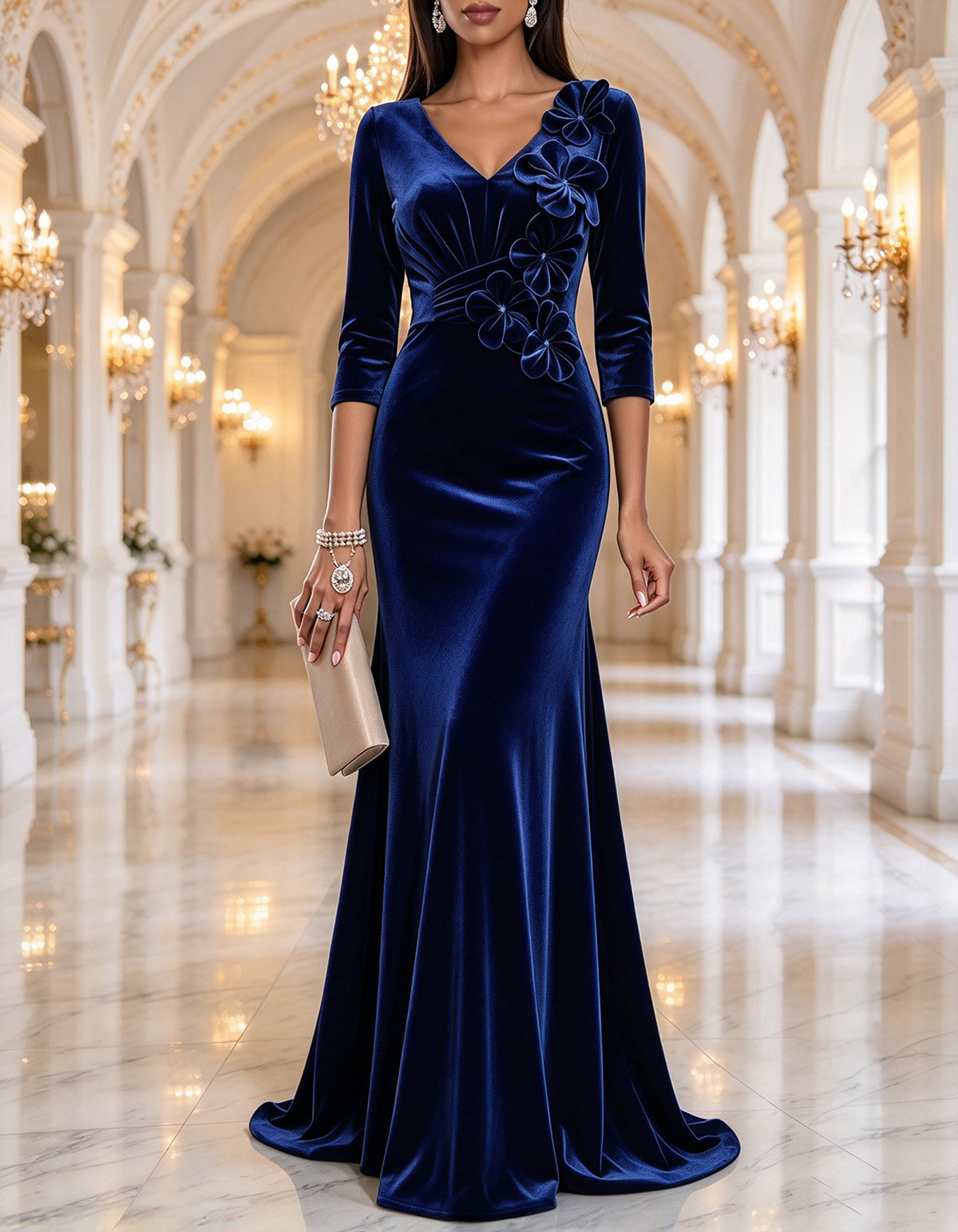 Vestido largo de terciopelo verde con escote en V y corte sirena