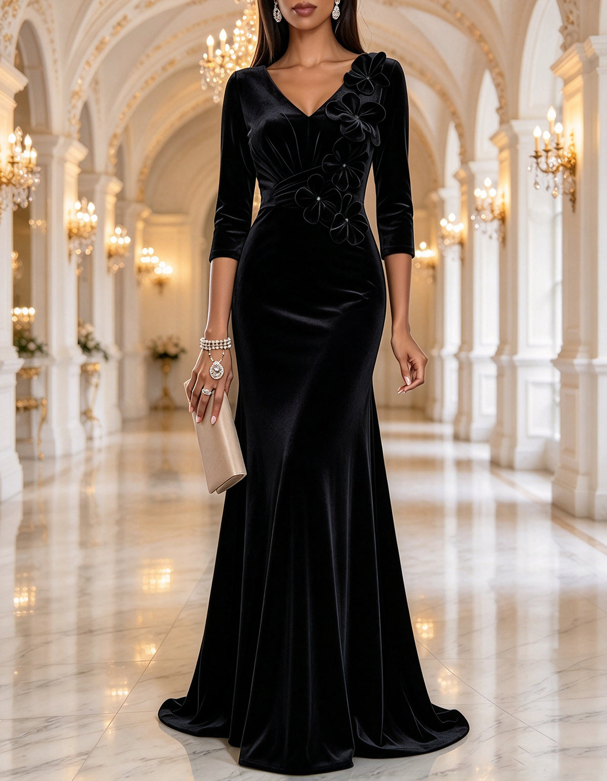 Vestido largo de terciopelo verde con escote en V y corte sirena