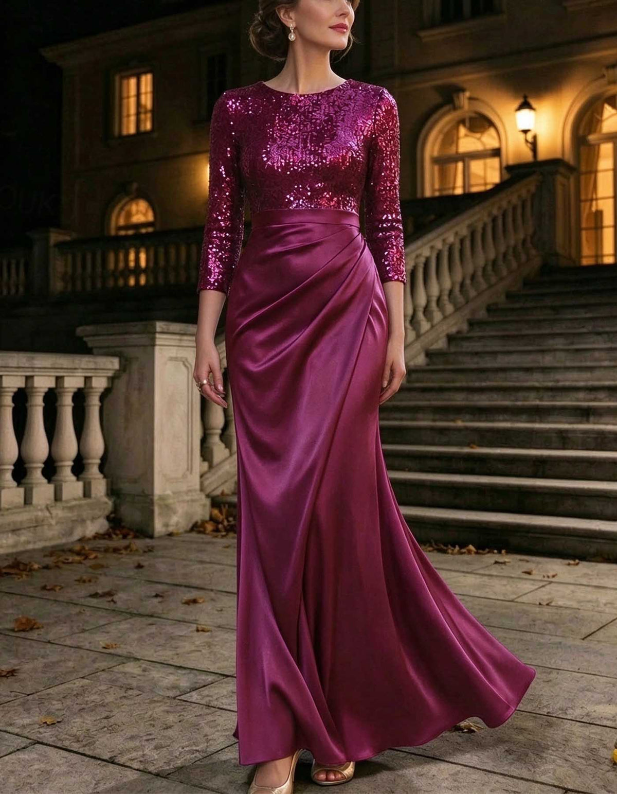 Vestido largo de satén y lentejuelas con cuello redondo y mangas 3/4