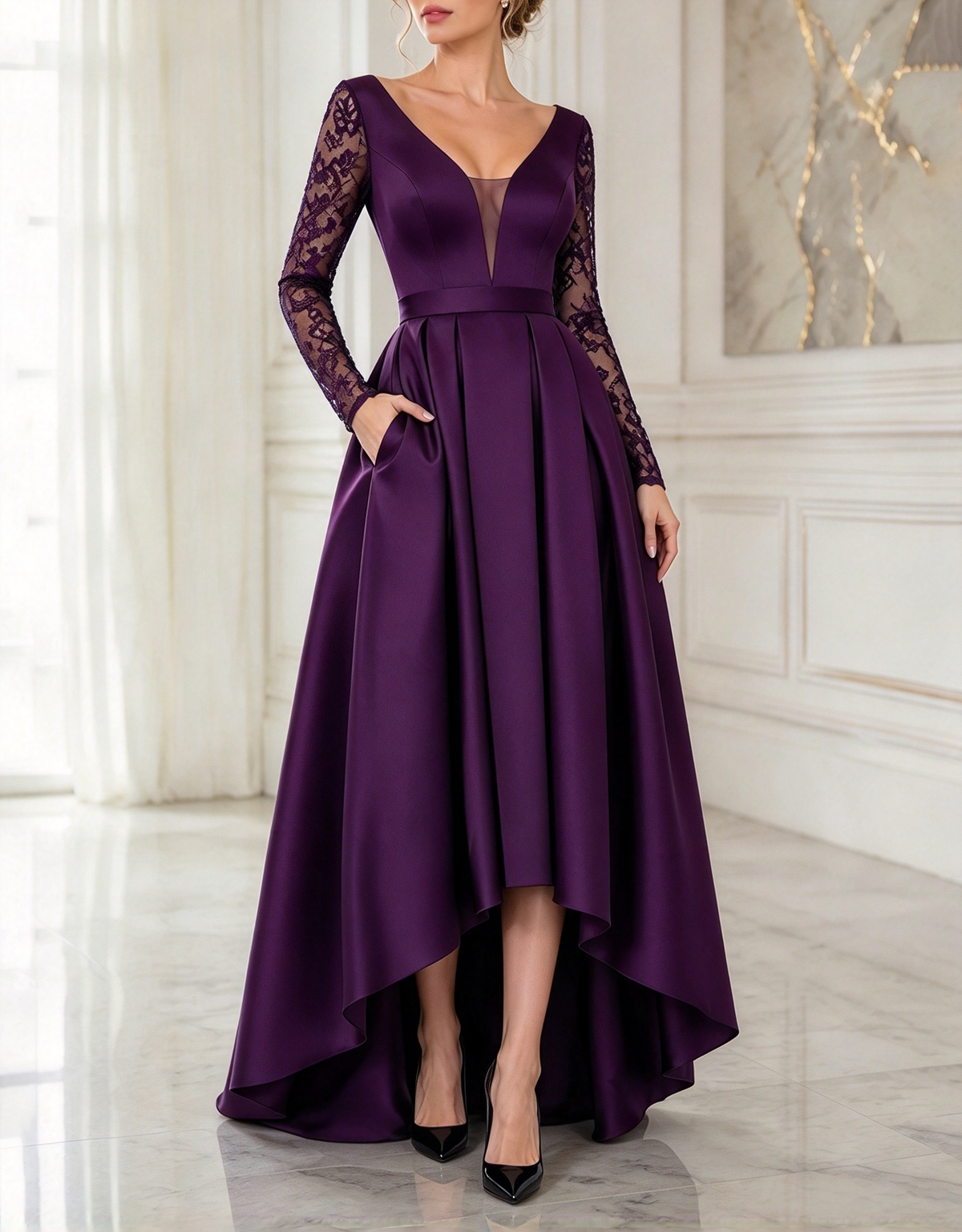 Abendliches A-Linien-Maxi-Kleid aus Satin mit tiefem V-Ausschnitt, Spitze und langen Ärmeln