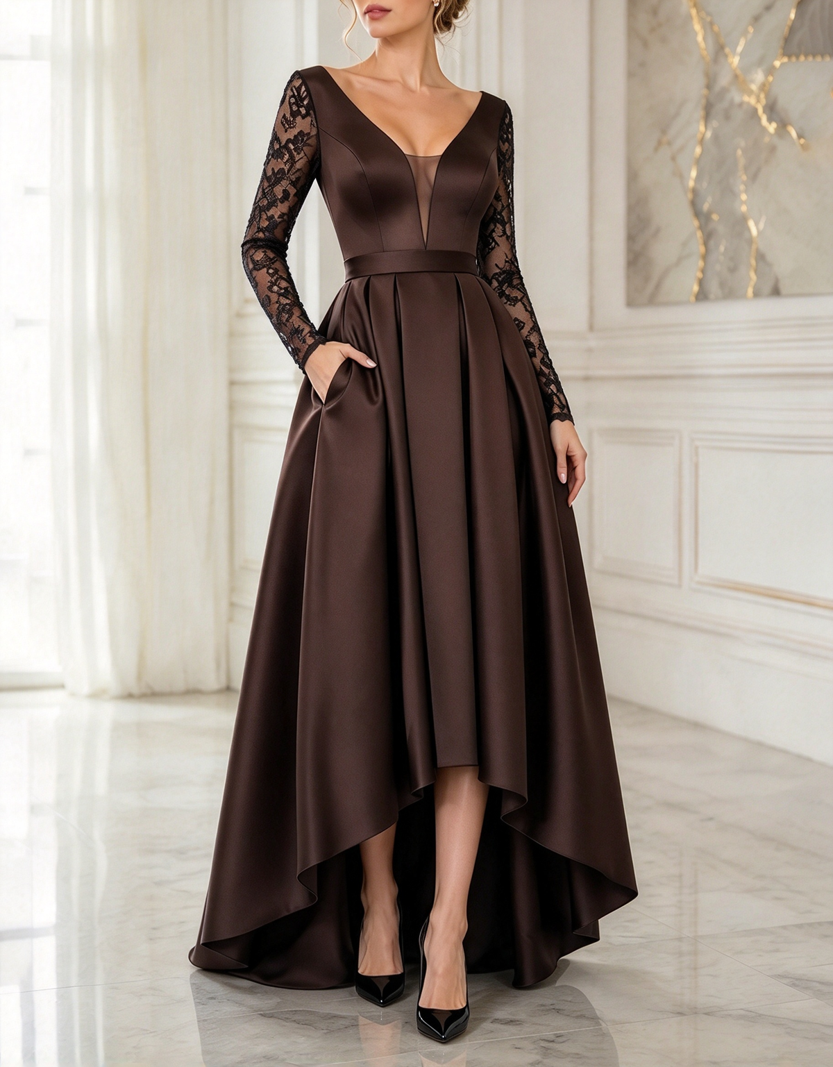 Abendliches A-Linien-Maxi-Kleid aus Satin mit tiefem V-Ausschnitt, Spitze und langen Ärmeln