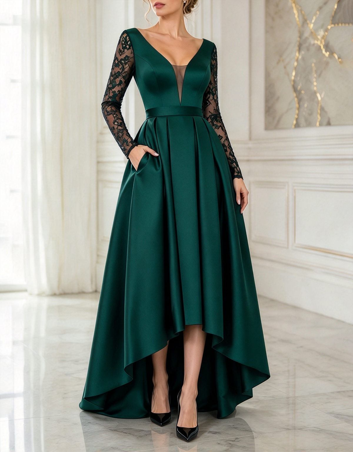 Abendliches A-Linien-Maxi-Kleid aus Satin mit tiefem V-Ausschnitt, Spitze und langen Ärmeln