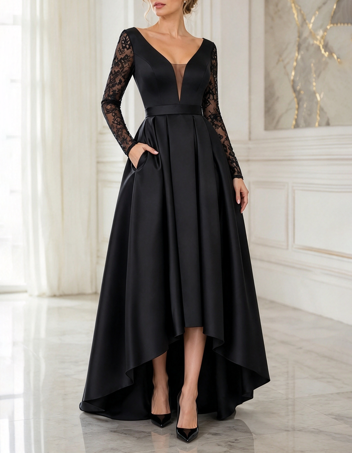 Abendliches A-Linien-Maxi-Kleid aus Satin mit tiefem V-Ausschnitt, Spitze und langen Ärmeln