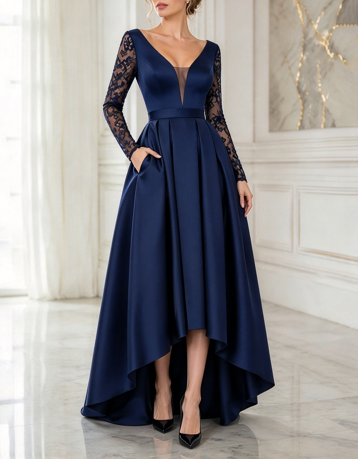 Abendliches A-Linien-Maxi-Kleid aus Satin mit tiefem V-Ausschnitt, Spitze und langen Ärmeln