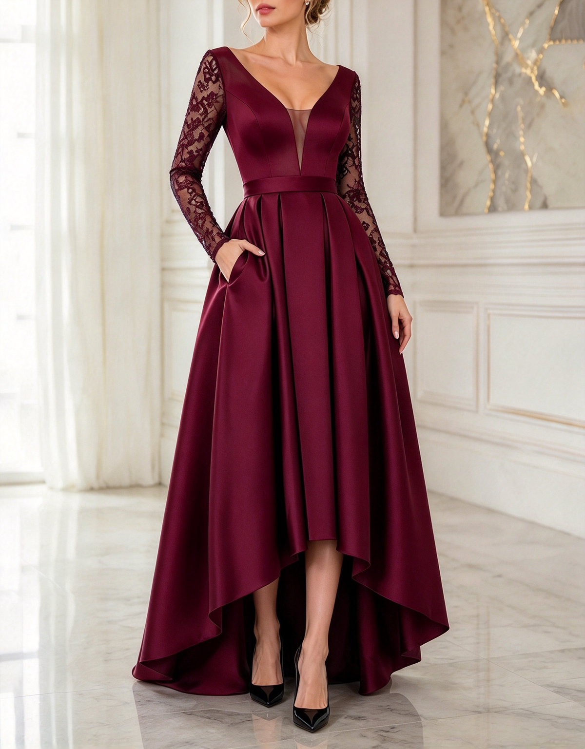 Abendliches A-Linien-Maxi-Kleid aus Satin mit tiefem V-Ausschnitt, Spitze und langen Ärmeln