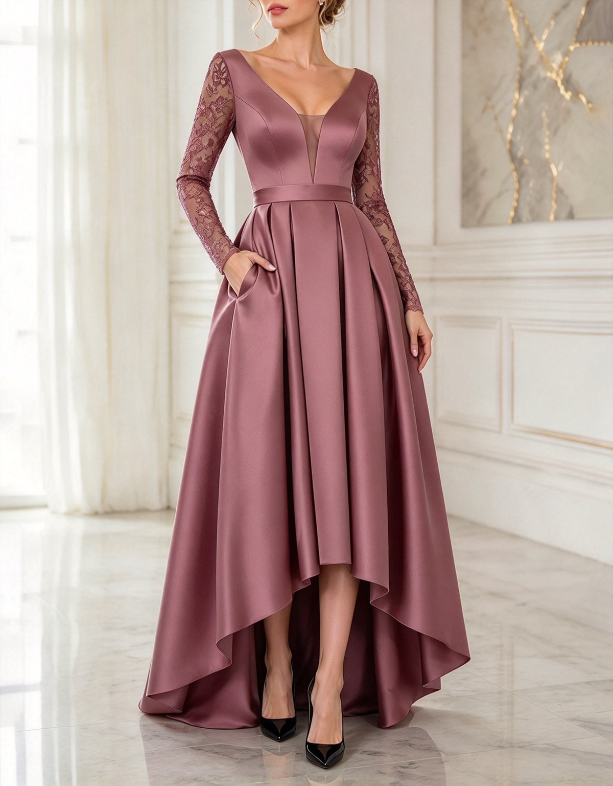 Abendliches A-Linien-Maxi-Kleid aus Satin mit tiefem V-Ausschnitt, Spitze und langen Ärmeln