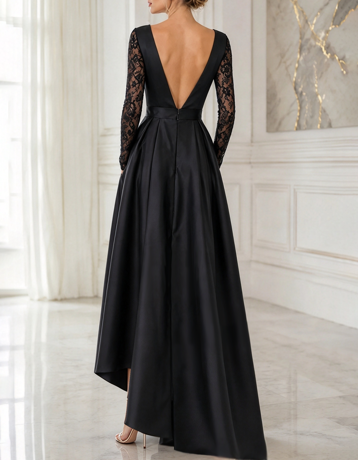 Abendliches A-Linien-Maxi-Kleid aus Satin mit tiefem V-Ausschnitt, Spitze und langen Ärmeln
