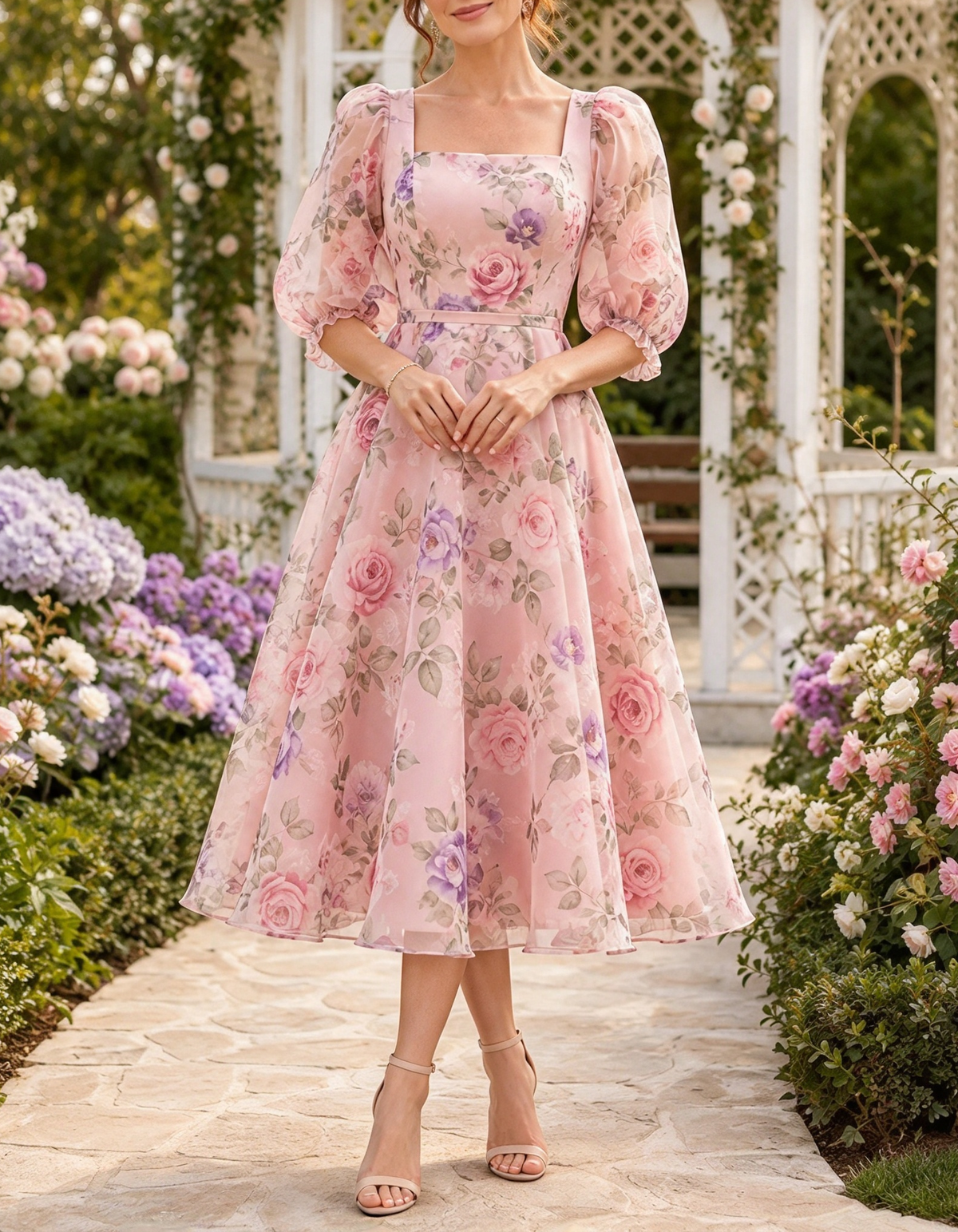 Vestido midi de gasa con estampado floral, escote cuadrado, mangas abullonadas y corte en A