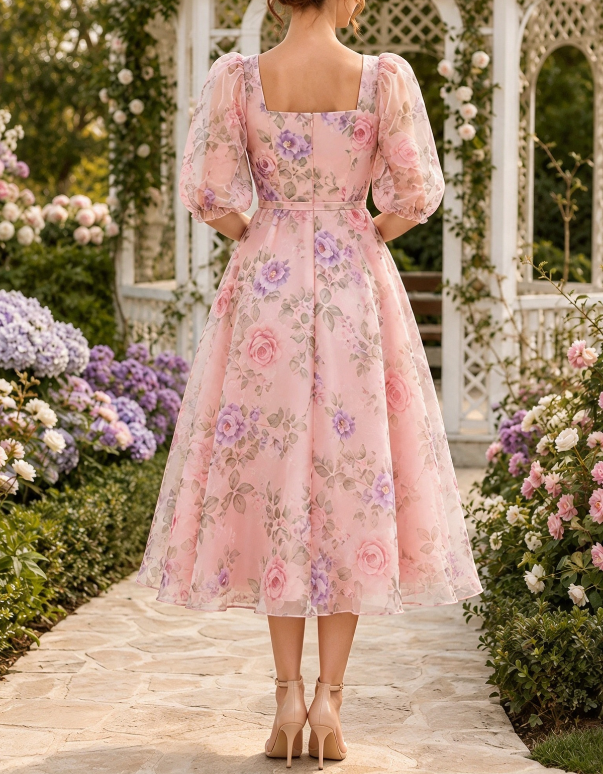Vestido midi de gasa con estampado floral, escote cuadrado, mangas abullonadas y corte en A