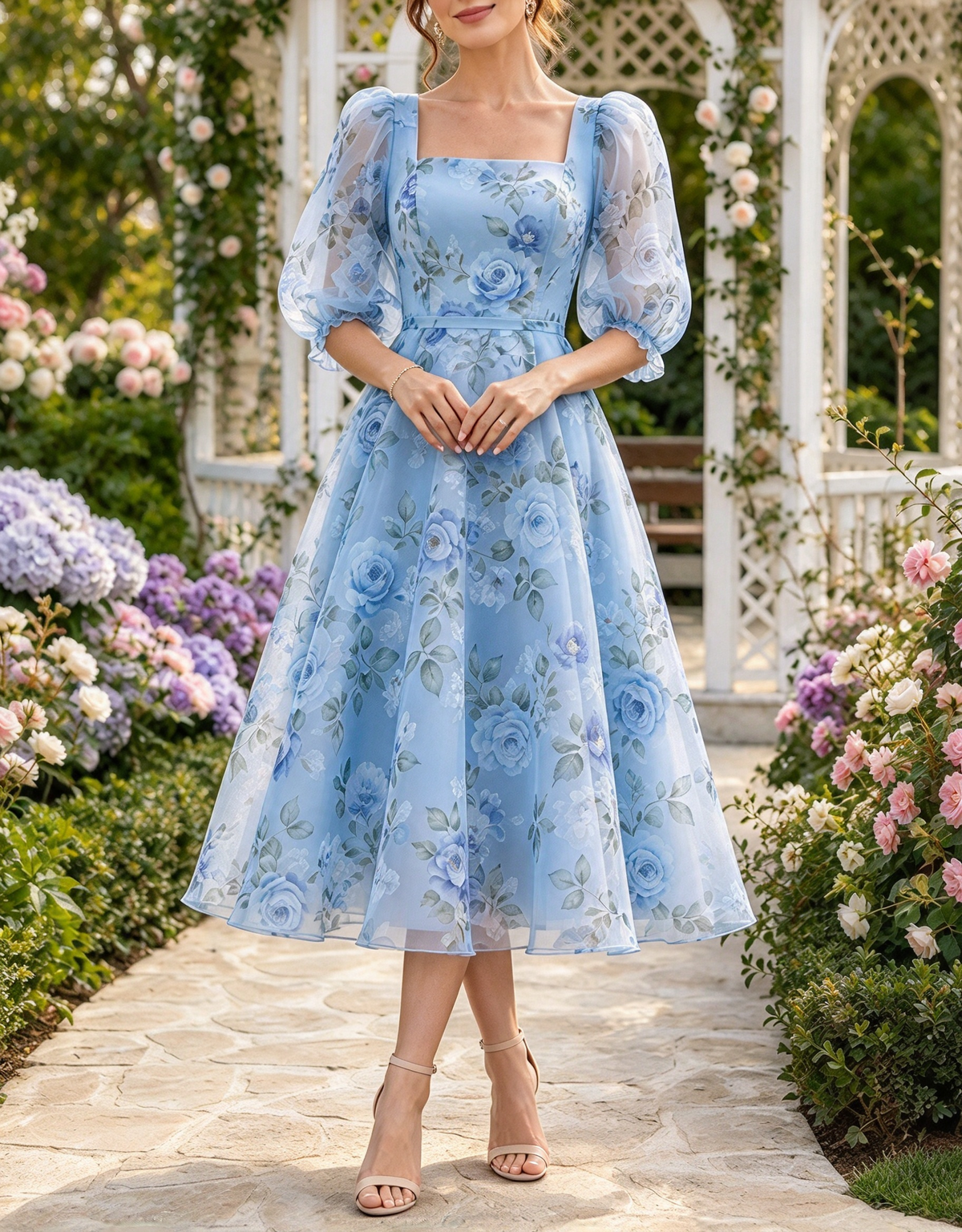 Vestido midi de gasa con estampado floral, escote cuadrado, mangas abullonadas y corte en A