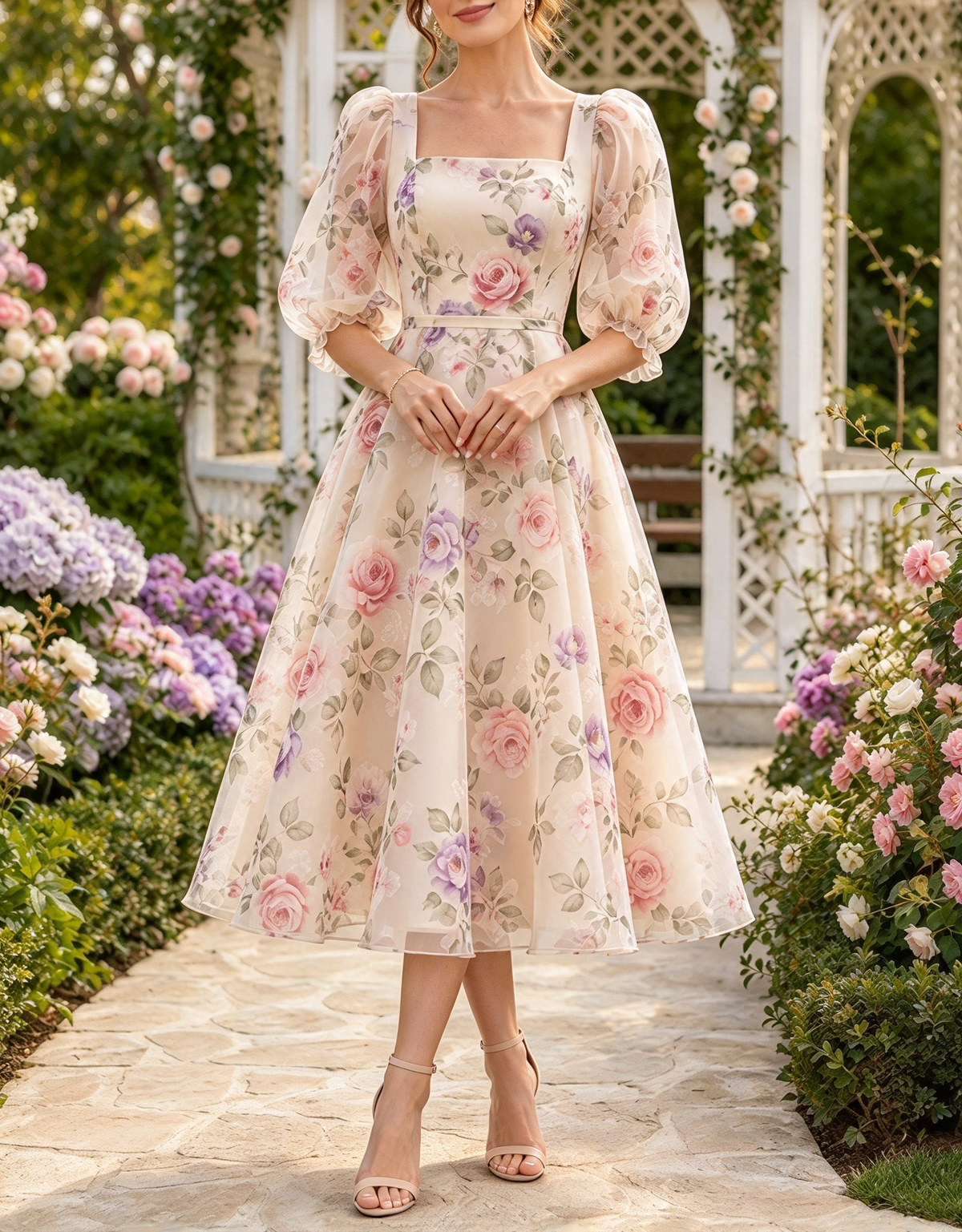 Vestido midi de gasa con estampado floral, escote cuadrado, mangas abullonadas y corte en A