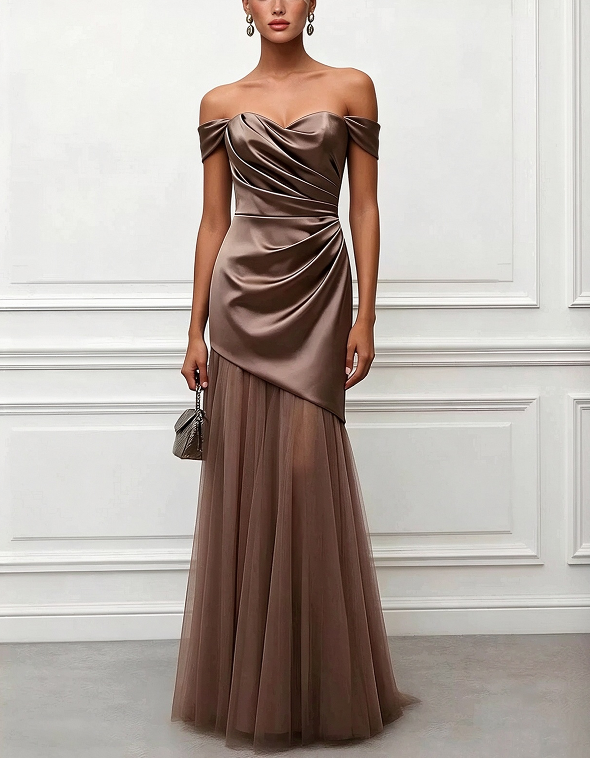 Vestido largo de tul y satén con escote corazón y hombros descubiertos
