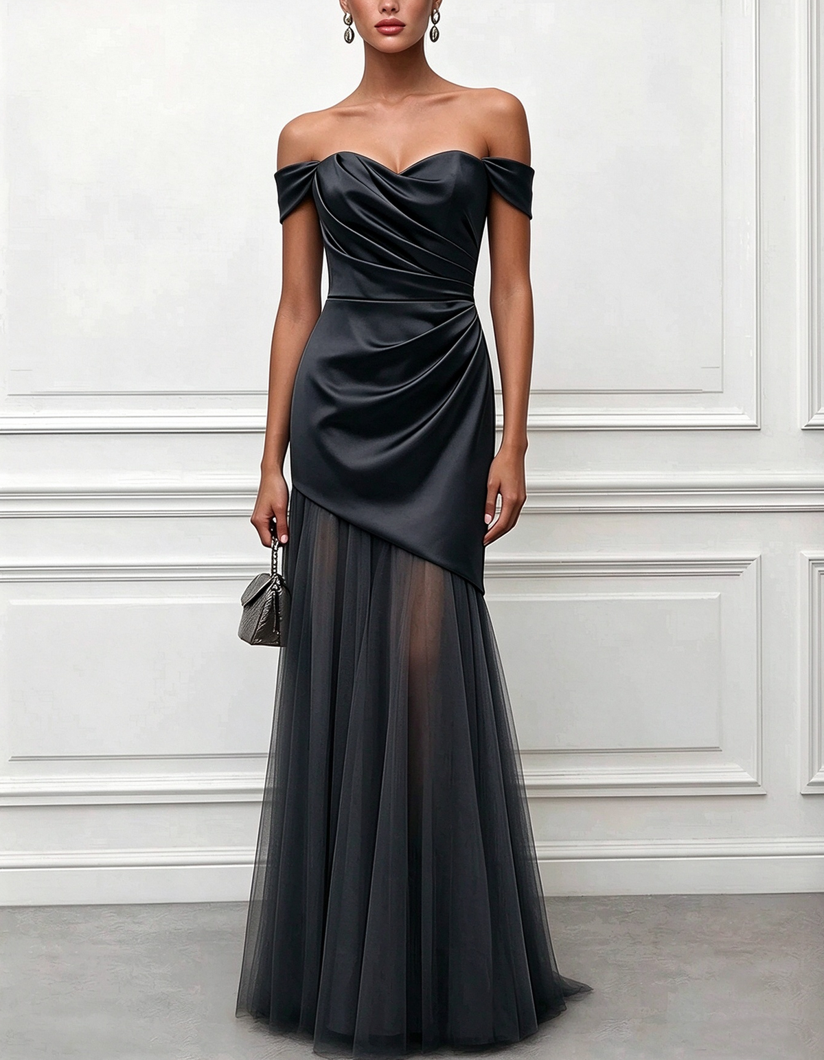 Vestido largo de tul y satén con escote corazón y hombros descubiertos