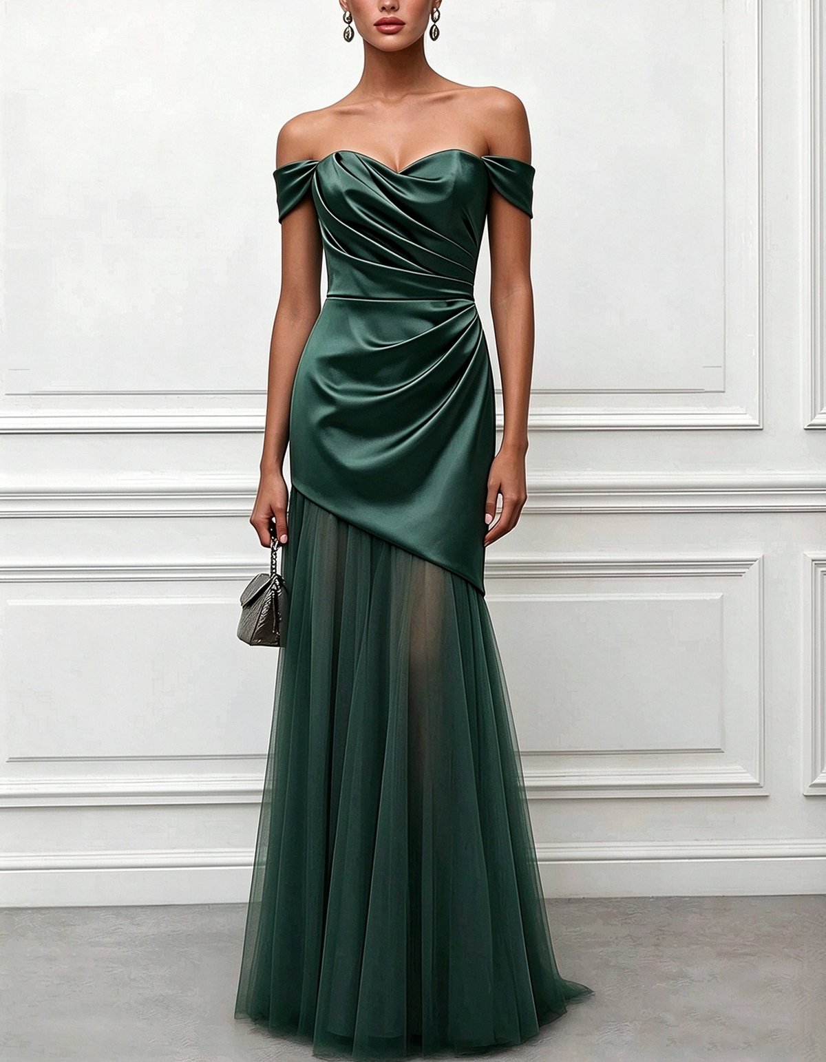 Vestido largo de tul y satén con escote corazón y hombros descubiertos