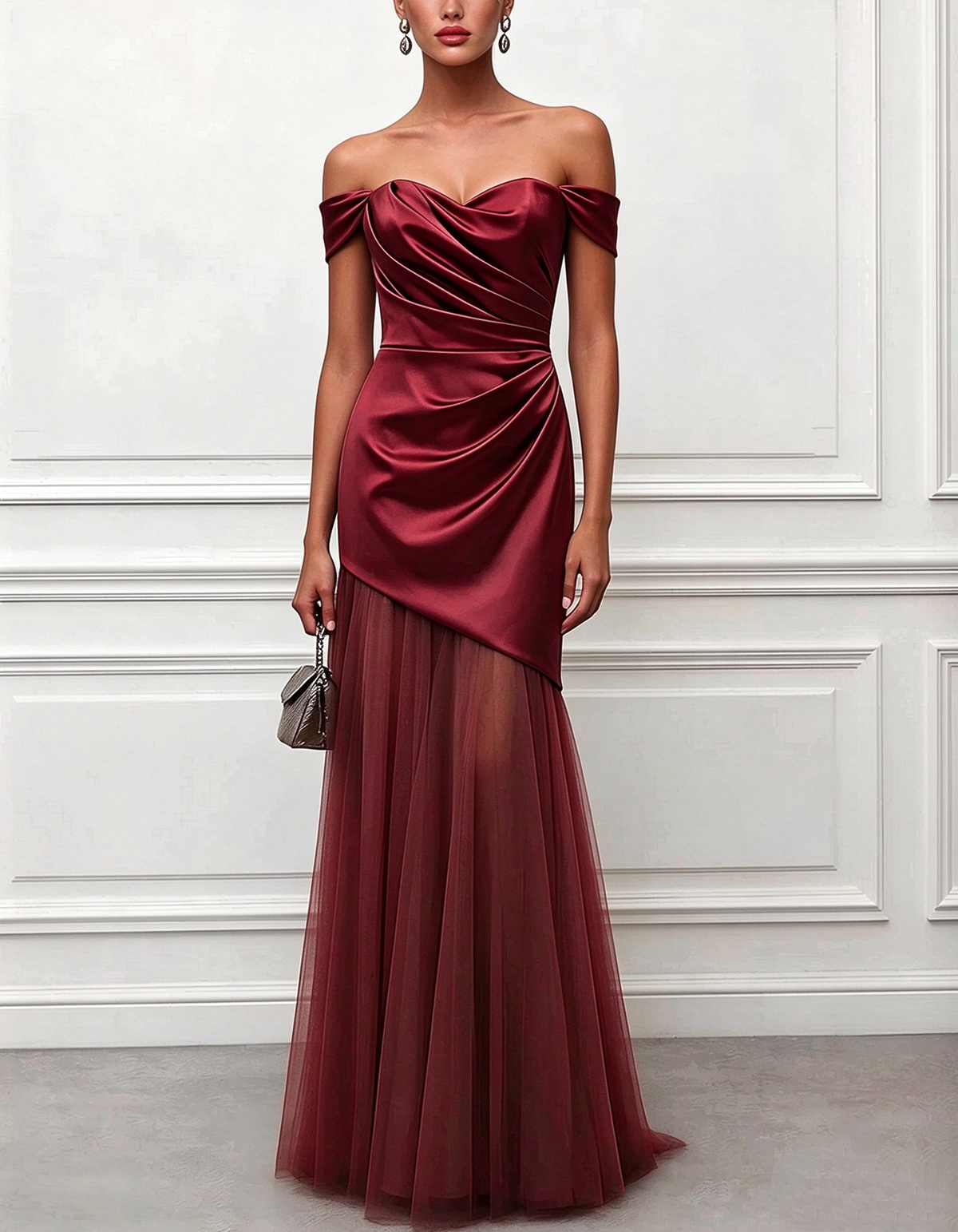 Vestido largo de tul y satén con escote corazón y hombros descubiertos