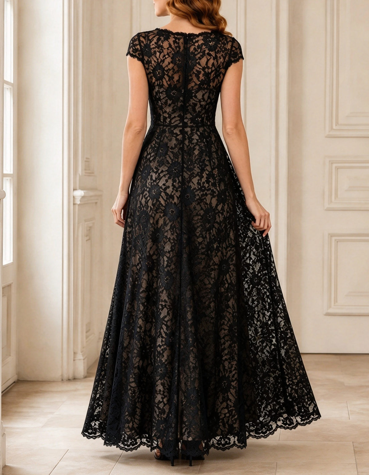 Abito maxi formale interamente in pizzo, svasato a trapezio, con scollo rotondo e maniche corte