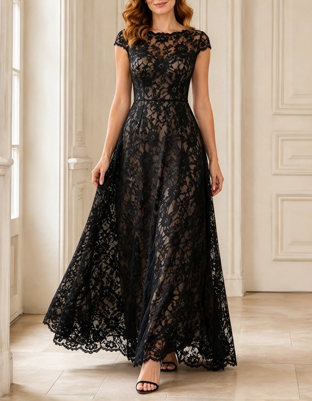 Abito maxi formale interamente in pizzo, svasato a trapezio, con scollo rotondo e maniche corte