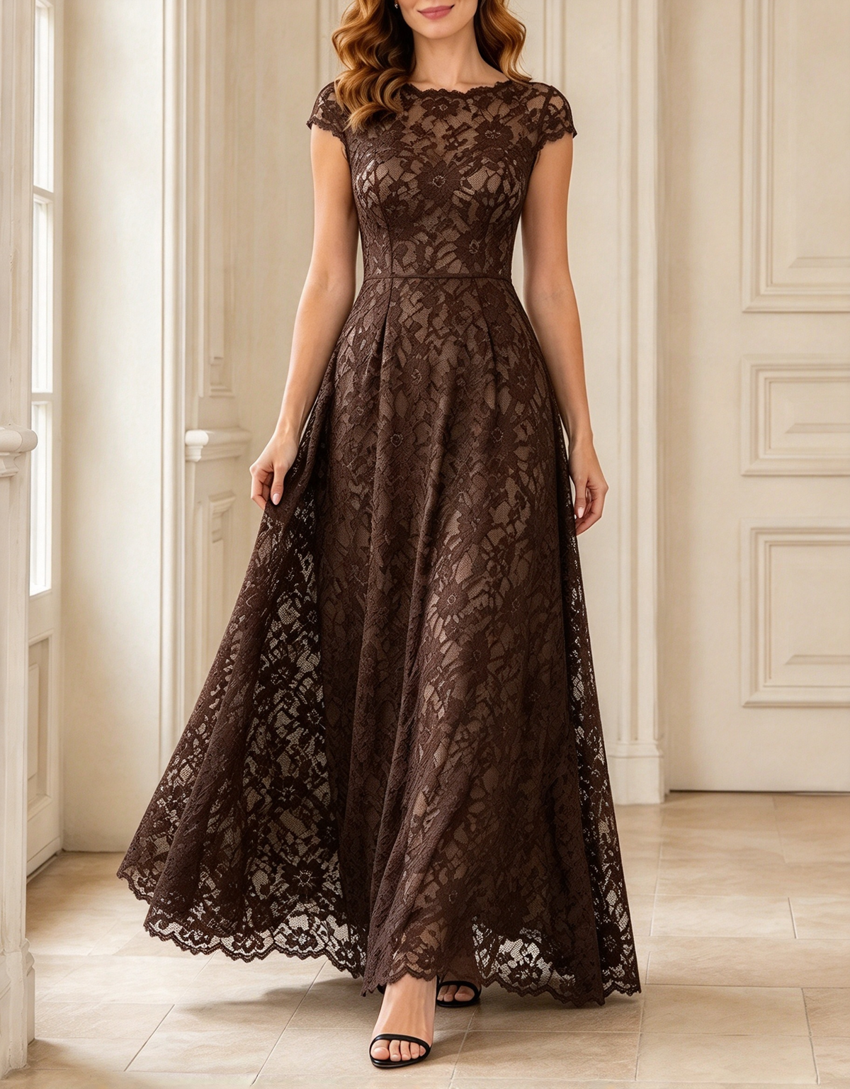 Abito maxi formale interamente in pizzo, svasato a trapezio, con scollo rotondo e maniche corte