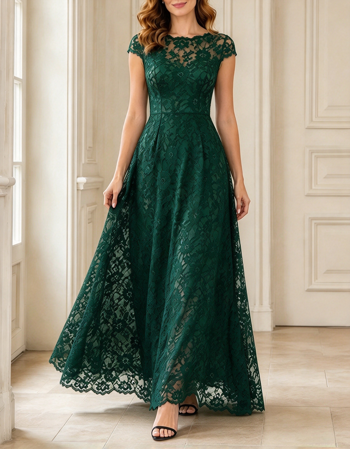 Abito maxi formale interamente in pizzo, svasato a trapezio, con scollo rotondo e maniche corte