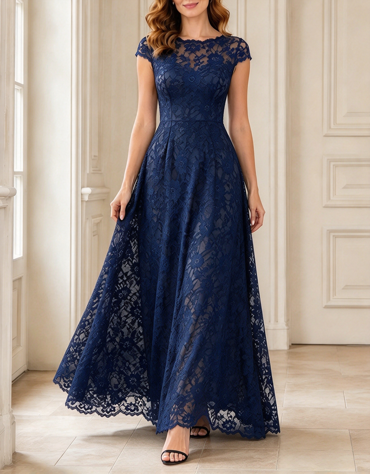 Abito maxi formale interamente in pizzo, svasato a trapezio, con scollo rotondo e maniche corte