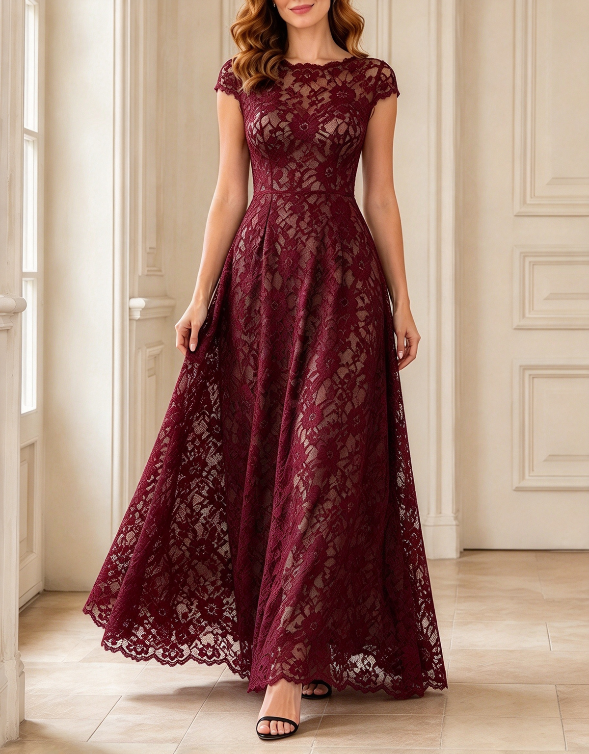 Abito maxi formale interamente in pizzo, svasato a trapezio, con scollo rotondo e maniche corte