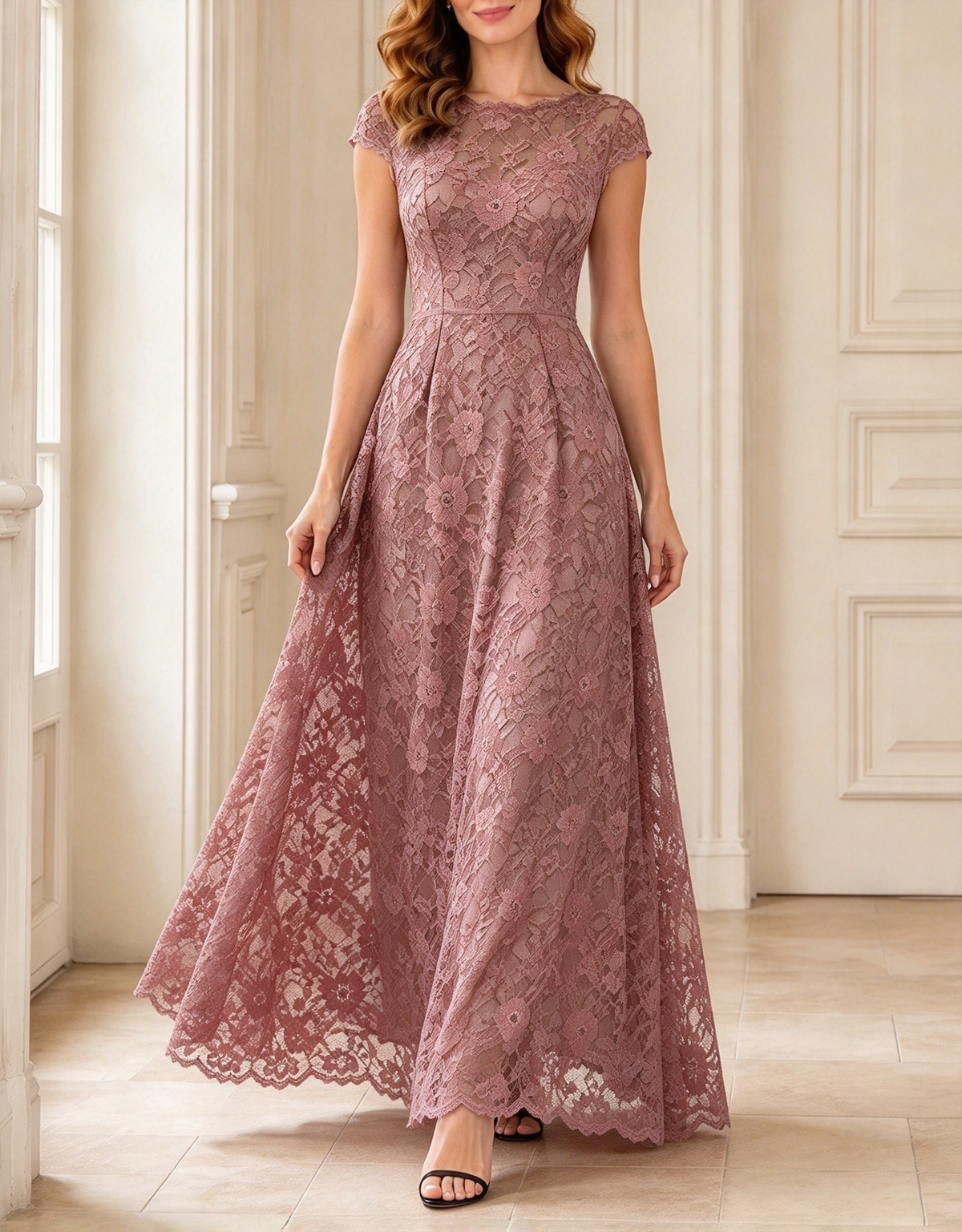 Abito maxi formale interamente in pizzo, svasato a trapezio, con scollo rotondo e maniche corte