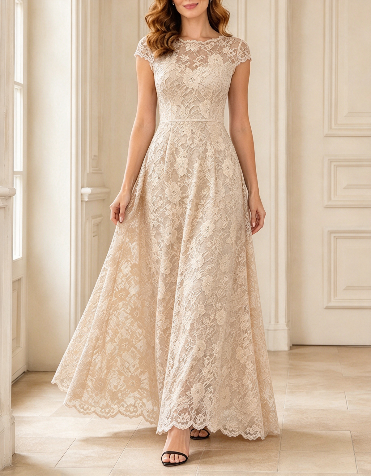 Abito maxi formale interamente in pizzo, svasato a trapezio, con scollo rotondo e maniche corte