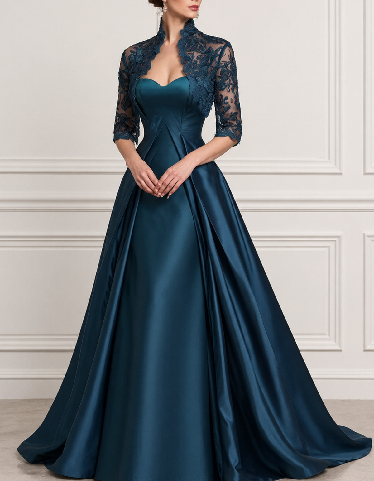 Vestido de noche largo de satén con encaje, escote corazón y corte evasé