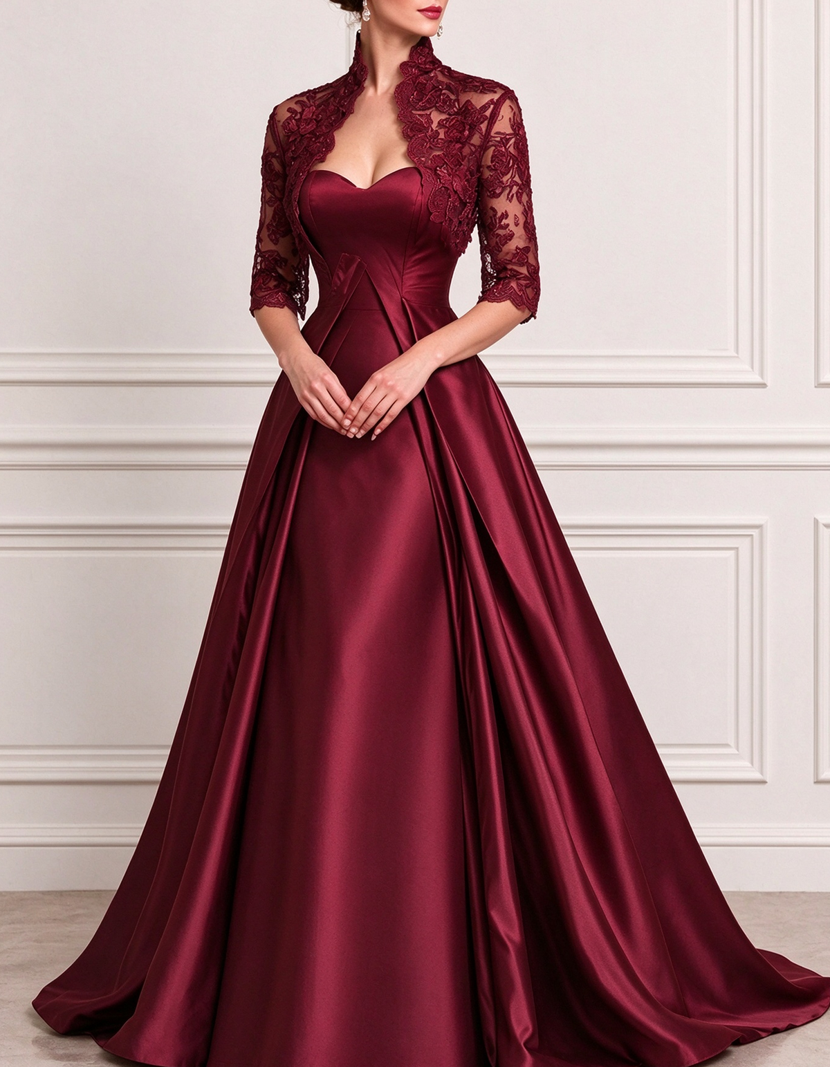 Vestido de noche largo de satén con encaje, escote corazón y corte evasé