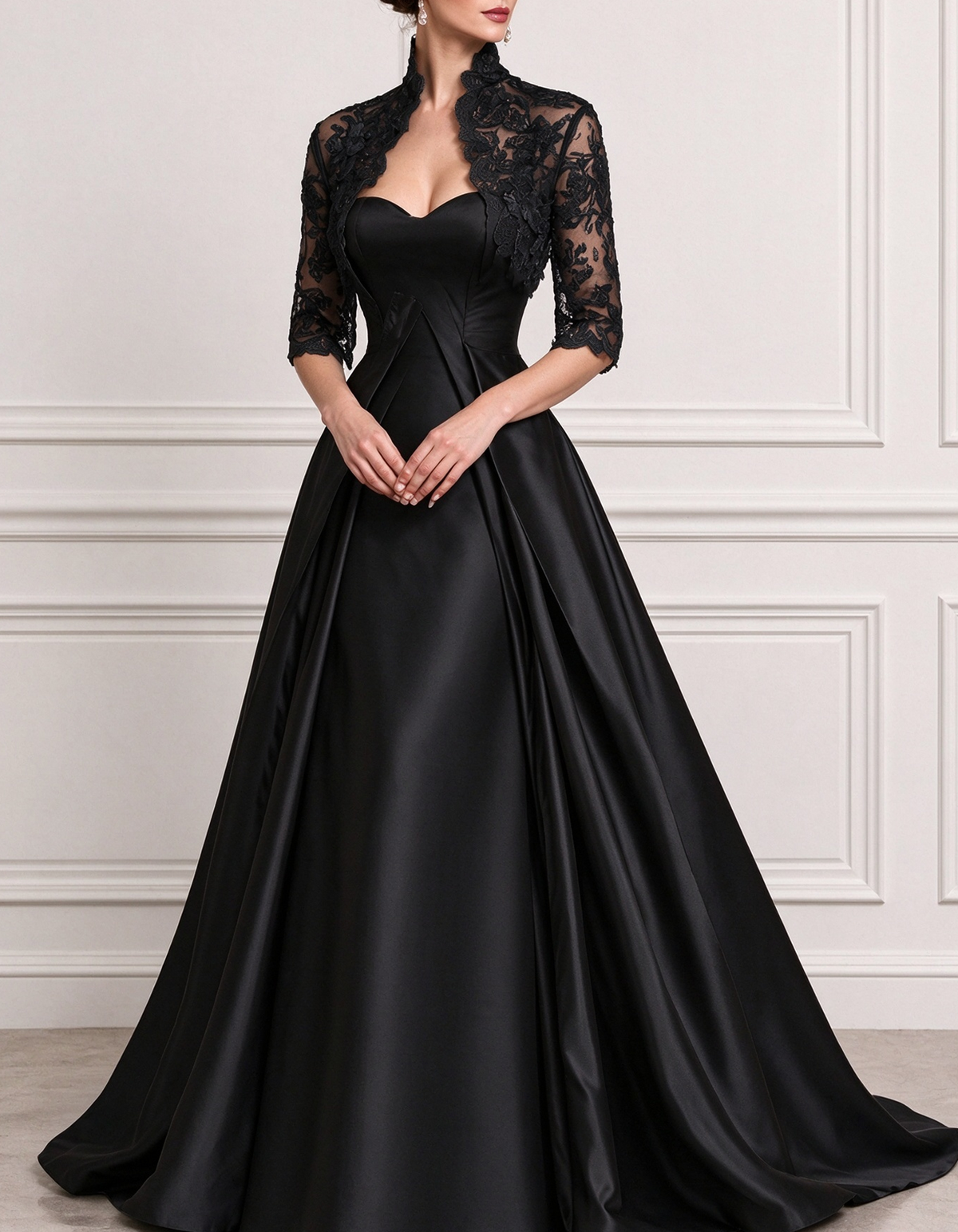 Vestido de noche largo de satén con encaje, escote corazón y corte evasé