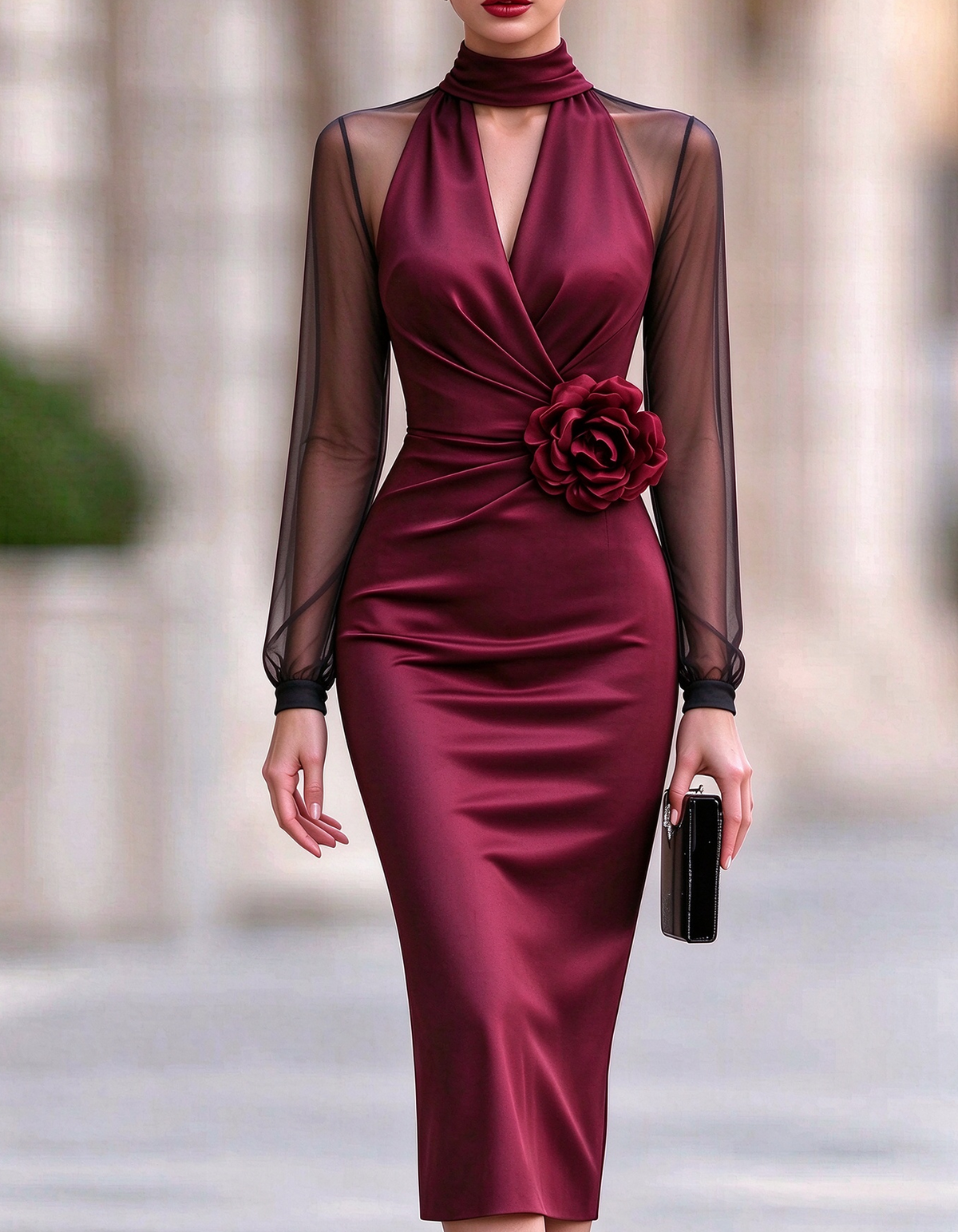 Vestido midi de satén con mangas largas de malla transparente y flor 3D en la cintura