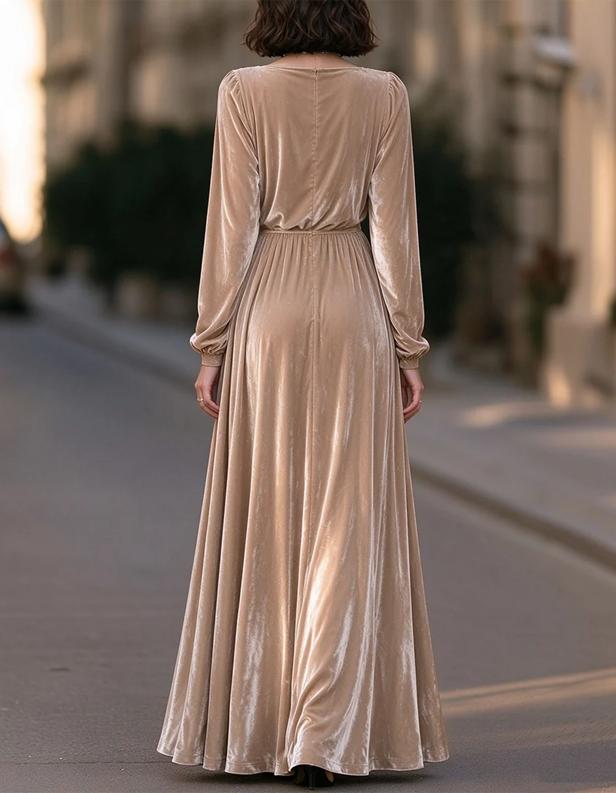 Vestido largo de terciopelo color champán con cuello cuadrado drapeado tipo cascada